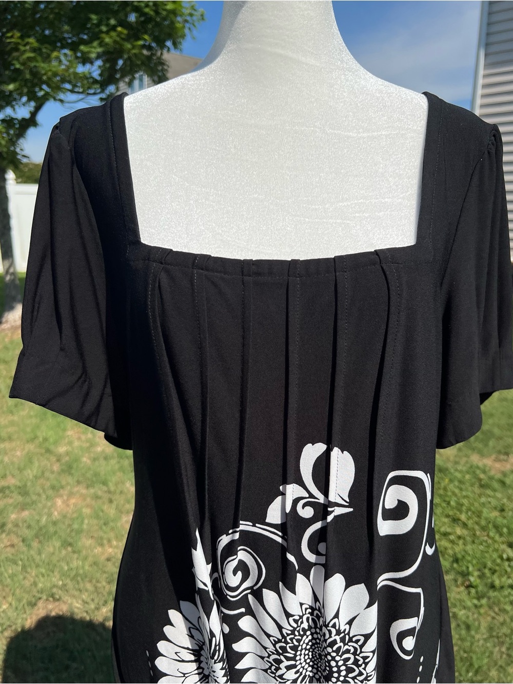 Ice Black Midi Dress with White Floral Print & Pink Border Square Neckline Sz 14 - Picture 4 of 14